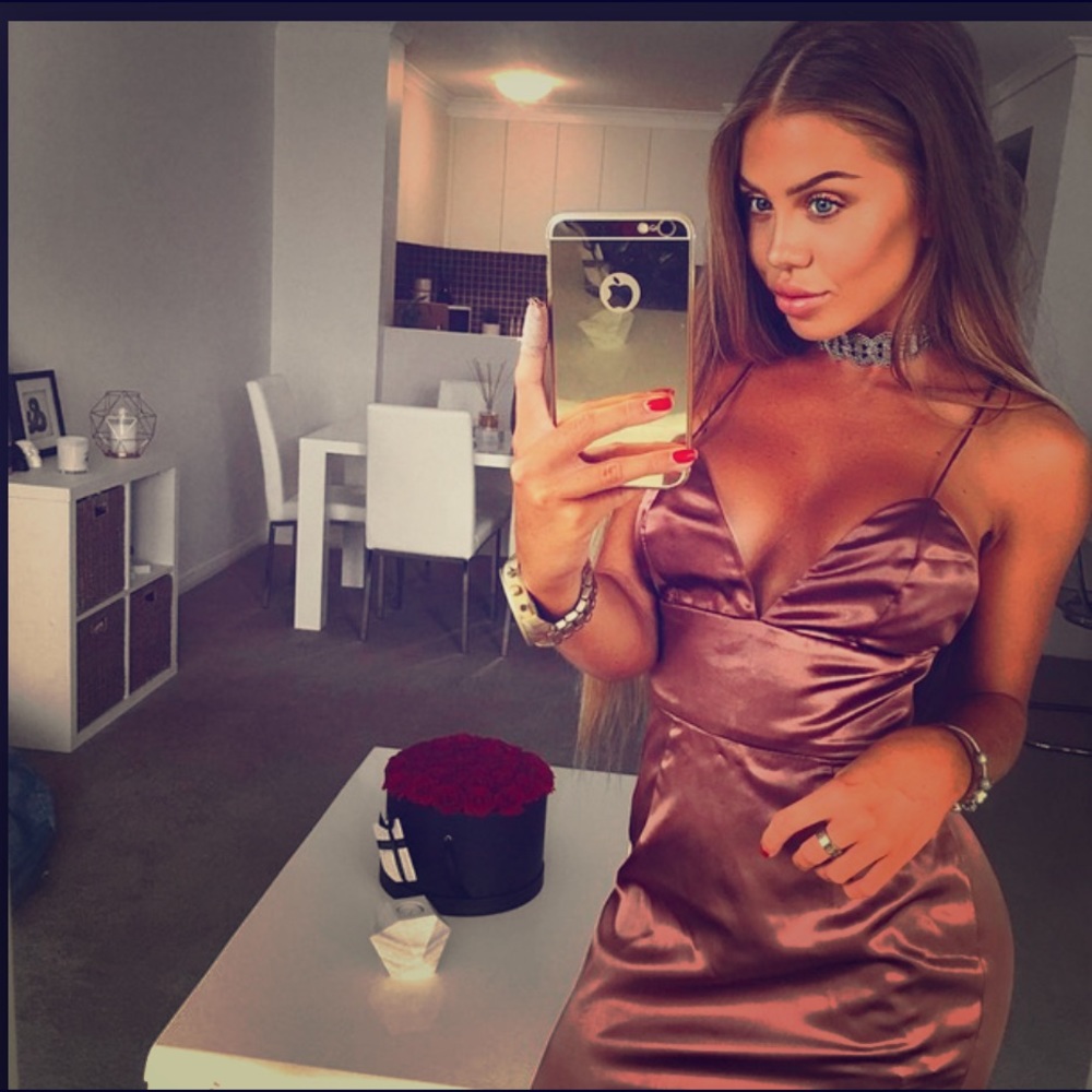 MESHKI SABRINA SATIN DRESS CHOCOLATE NEW